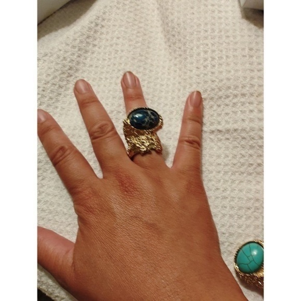 Ring Blue Cabochon Gold Tone Textured Statement Arty Style size 9.5 - Picture 10 of 12